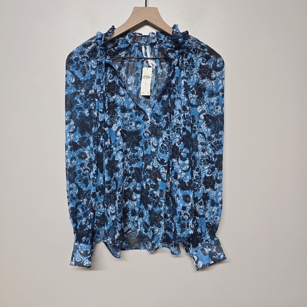 ANTHROPOLOGIE Sheer Printed Boho Floral Ruffle Peasant Blouse BluenMotif sz M